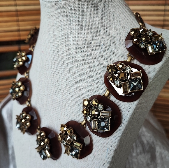 J. Crew Caramel Rhinestone Baguette Square Cut Statement Necklace Brown Smoke - Picture 2 of 11